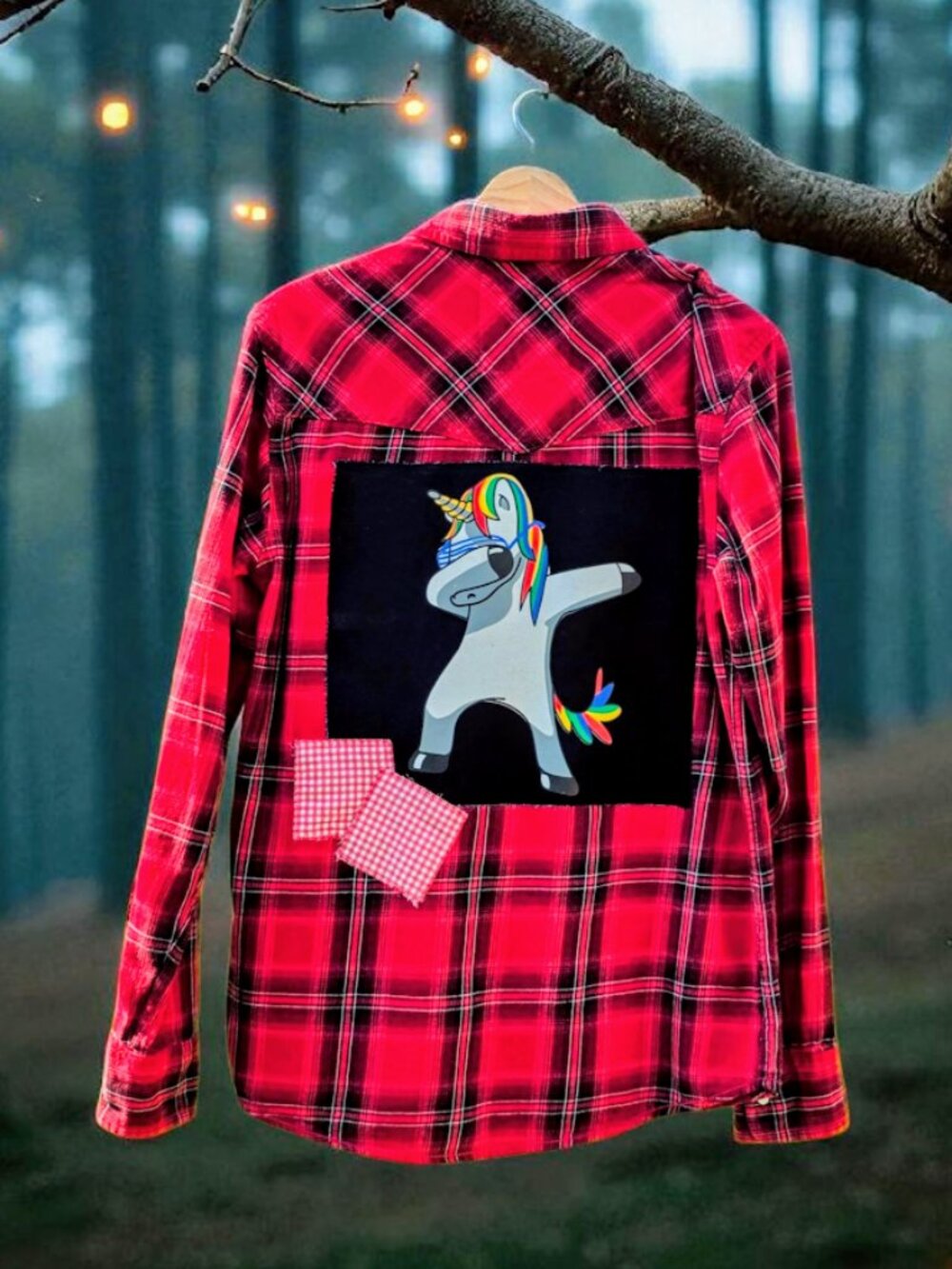 Upcycled Plaid Flannel Patchwork Unicorn Button Up Shirt S